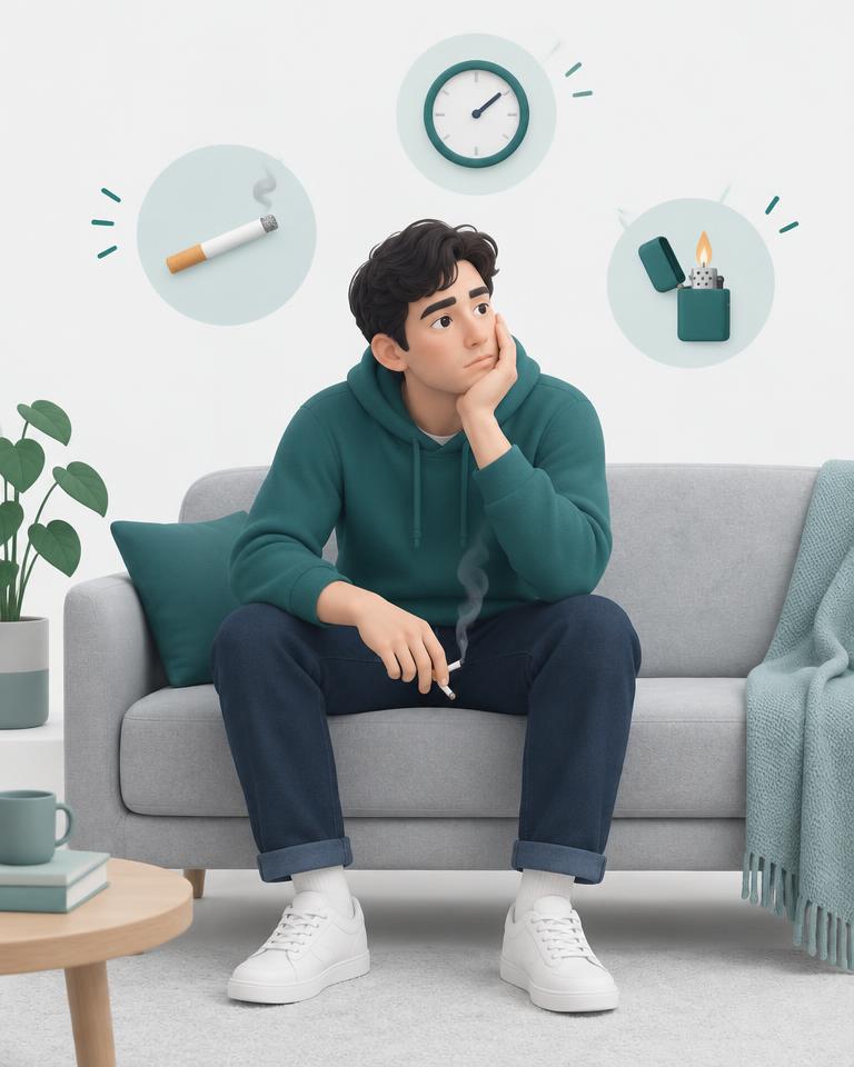 Pessoa pensativa segurando um cigarro, com ícones de isqueiro e relógio ao redor